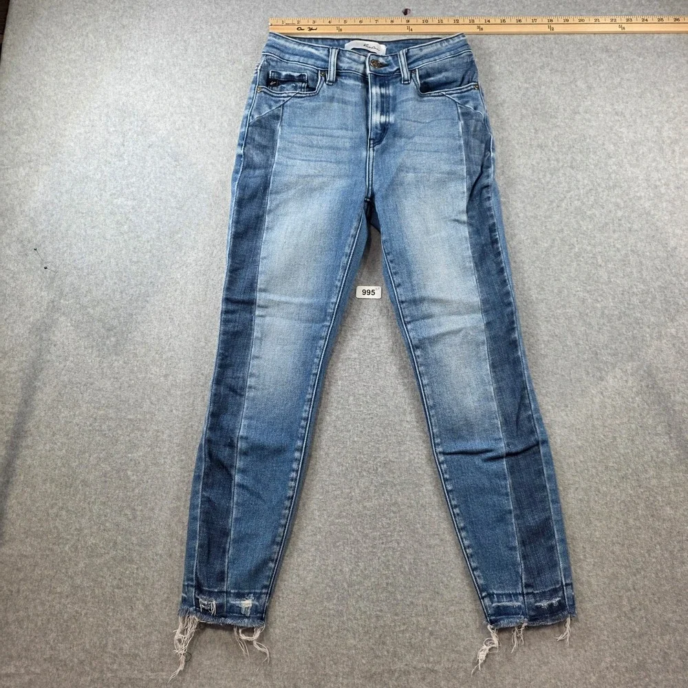 KanCan Two Tone High Rise Skinny Jeans Blue Raw Hem KC9190M Size 5 26‎
